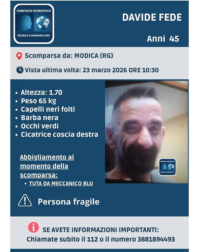 Modica, cresce l'allarme per la scomparsa di Davide Fede: chi l'ha visto?