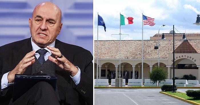 Guido Crosetto, ministro della Difesa. A destra la base Nato di Sigonella