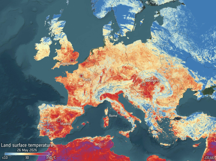 L'ondata di caldo fotografata da Sentinel-3: Italia e gran parte dell'Europa in rosso