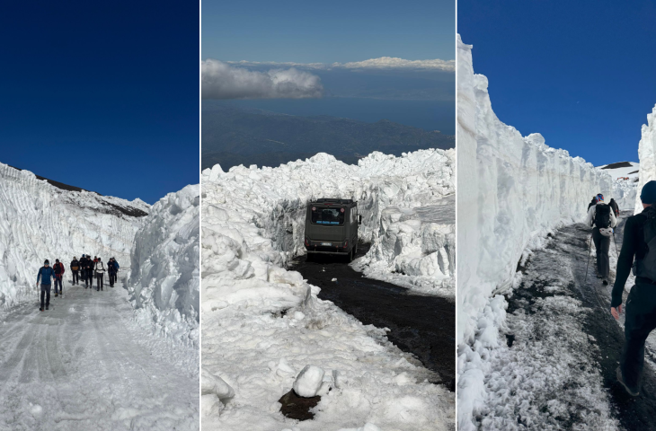 Etna, lo spettacolo unico dei muri di ghiaccio alti fino a 5 metri. &laquo;Un'annata eccezionale, avremo neve fino a giugno inoltrato&raquo;