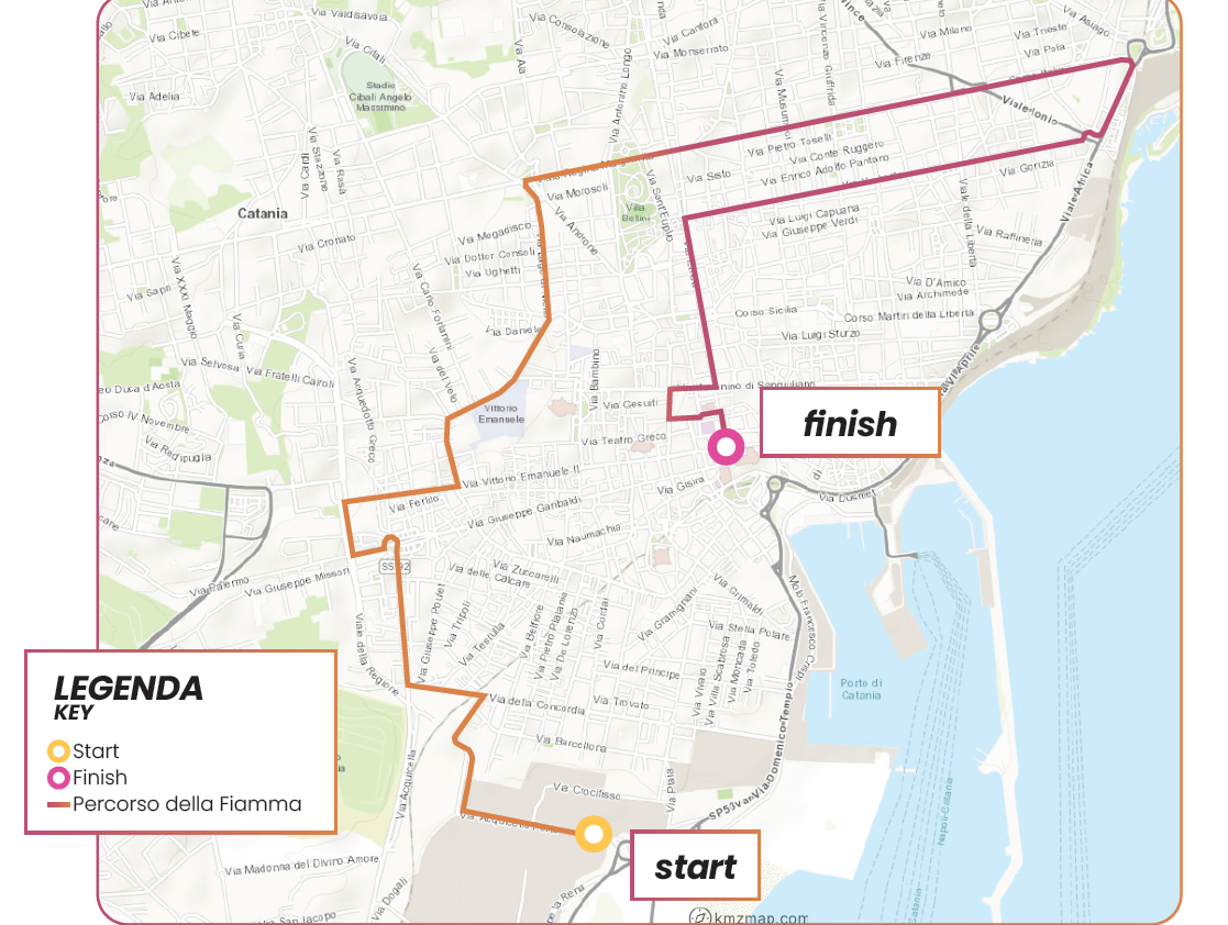 La mappa del percorso della fiamma olimpica a Catania
